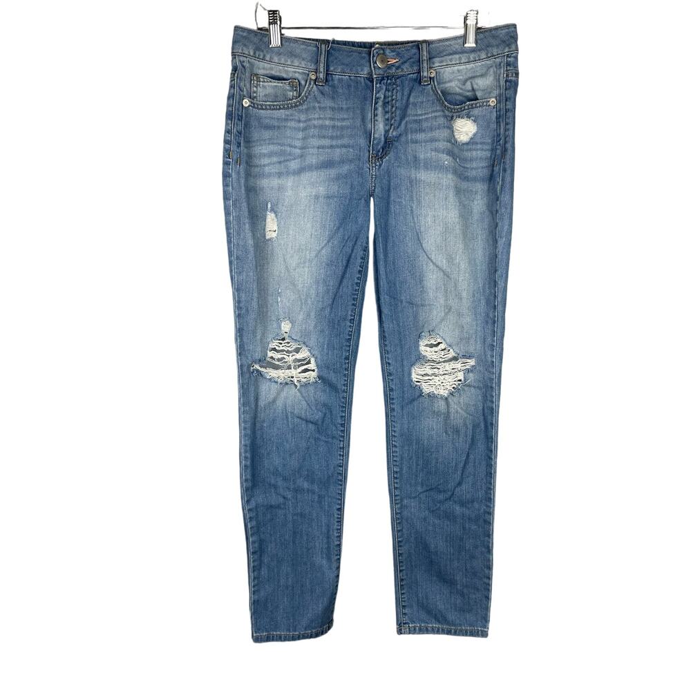 BCBGeneration Medium Wash Distressed Boyfriend Jeans 29 Cotton Relaxed Tapered